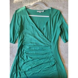Boden Green Faux Wrap Ruched Stretch Jersey Sheath Casual Midi Dress US 6 Spring